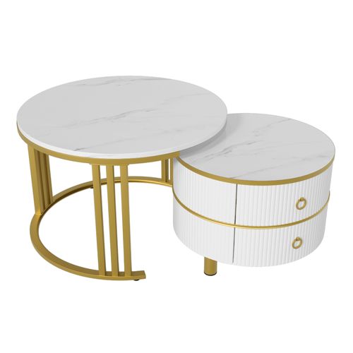 Table Basse Moderne 2-en-1 - Rangements - Design Rond Gigogne - Métal Et Mdf - Marbre Blanc Et Doré