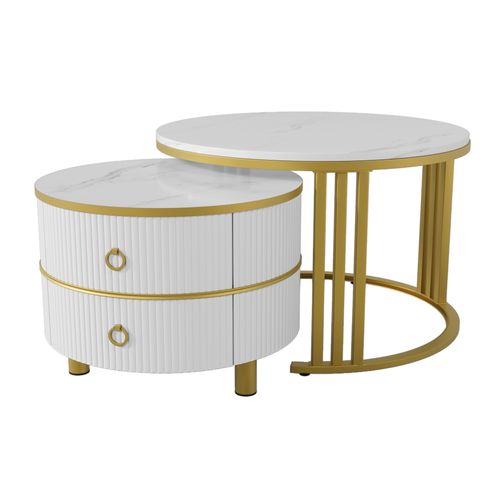 Table Basse Moderne 2-en-1 - Rangements - Design Rond Gigogne - Métal Et Mdf - Marbre Blanc Et Doré