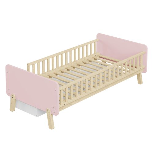 Lit Enfant 90x190 Cm - 2 Tiroirs - Sommier à Lattes - Lit Simple Chambre Fille - Mdf - Rose