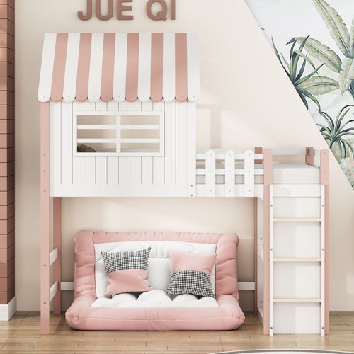 Lit Mezzanine 90x200 Cm Cabane Enfant Avec Échelle Sécurisée Et Rangements - Bois Massif - Rose