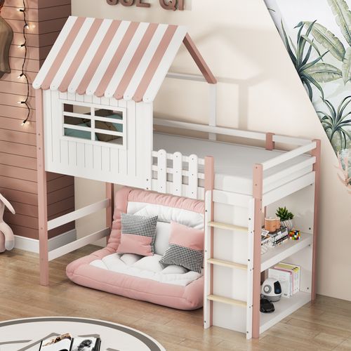 Lit Mezzanine 90x200 Cm Cabane Enfant Avec Échelle Sécurisée Et Rangements - Bois Massif - Rose