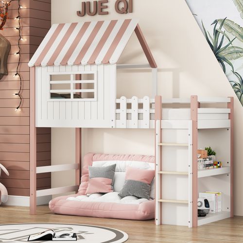 Lit Mezzanine 90x200 Cm Cabane Enfant Avec Échelle Sécurisée Et Rangements - Bois Massif - Rose