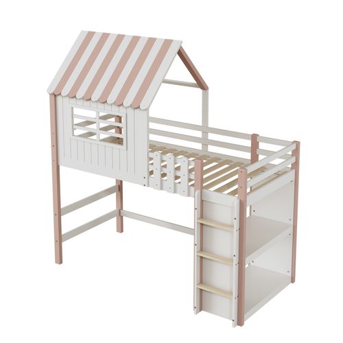Lit Mezzanine 90x200 Cm Cabane Enfant Avec Échelle Sécurisée Et Rangements - Bois Massif - Rose
