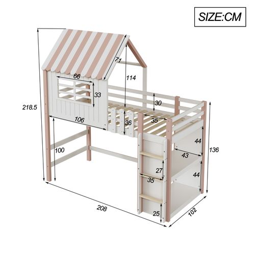 Lit Mezzanine 90x200 Cm Cabane Enfant Avec Échelle Sécurisée Et Rangements - Bois Massif - Rose