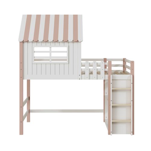 Lit Mezzanine 90x200 Cm Cabane Enfant Avec Échelle Sécurisée Et Rangements - Bois Massif - Rose