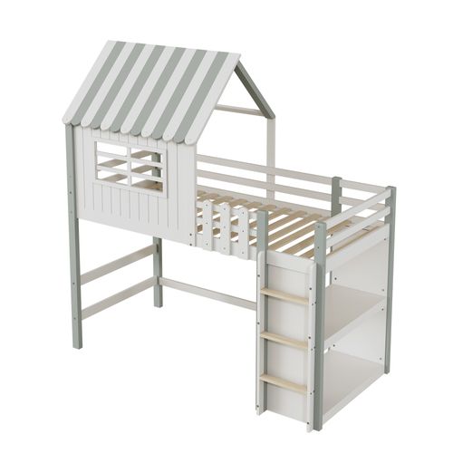 Lit Cabane Enfant 90x200 Cm Mezzanine Avec Échelle Et Rangements Fonctionnels - Bois + Mdf - Vert