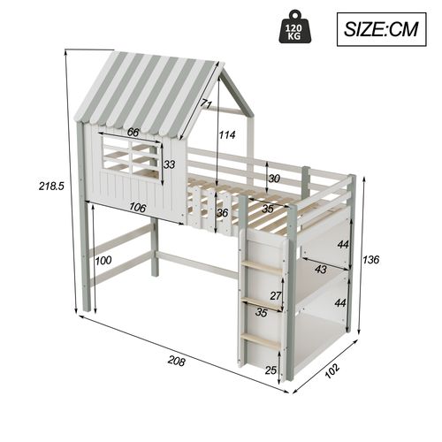 Lit Cabane Enfant 90x200 Cm Mezzanine Avec Échelle Et Rangements Fonctionnels - Bois + Mdf - Vert