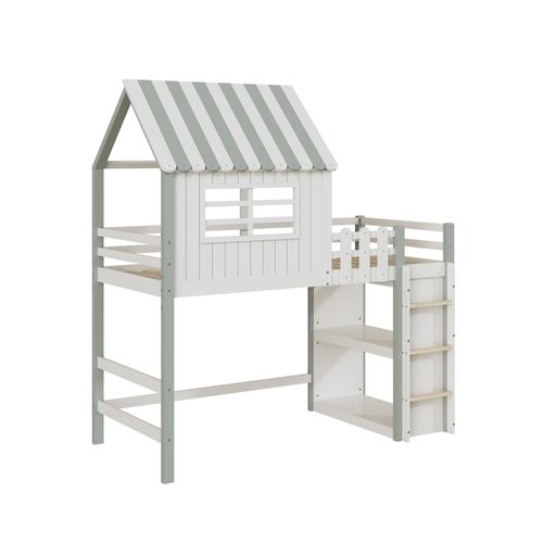 Lit Cabane Enfant 90x200 Cm Mezzanine Avec Échelle Et Rangements Fonctionnels - Bois + Mdf - Vert