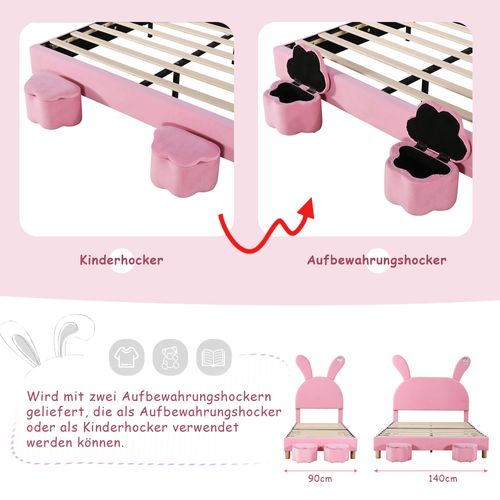 Lit Enfant 140x200 Cm - Capitonné - Éclairage LED - 2 Tabourets De Rangement - Velours - Rose