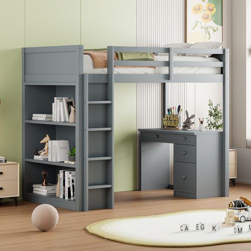 Lit Mezzanine 90x200 Cm Avec Bureau Et 2 Compartiments De Rangement – Lit Enfant Combiné Bois Gris
