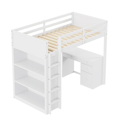Lit Mezzanine 90x200 Cm Avec Bureau Et 2 Compartiments De Rangement – Lit Enfant Combiné Bois Blanc