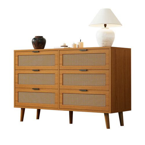 Commode Moderne Avec 6 Tiroirs - Poignées Métal - Design Contemporain - Bois - Noyer