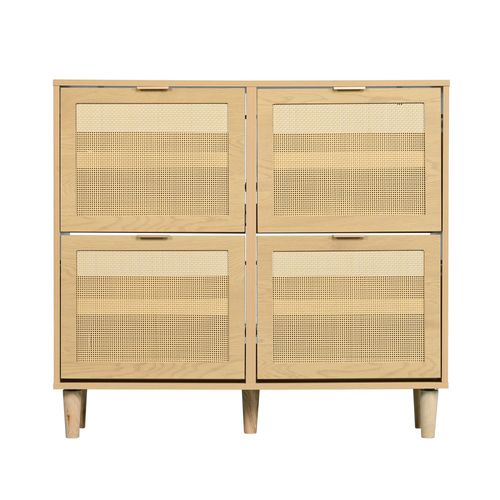 Meuble à Chaussures - Rotin Pliant - Tiroirs - Fonctionnel Entrée - Poignées Métal - Naturel