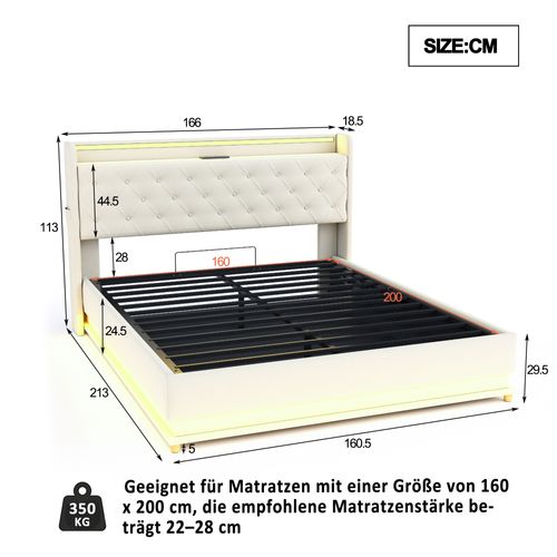 Lit Coffre 160x200 Cm - Lit Avec LED Et Port USB, Rembourré Et Coffre Hydraulique, Tissu Lin Beige