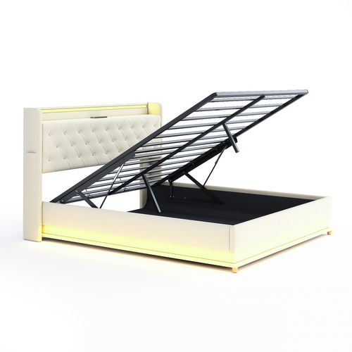 Lit Coffre 160x200 Cm - Lit Avec LED Et Port USB, Rembourré Et Coffre Hydraulique, Tissu Lin Beige