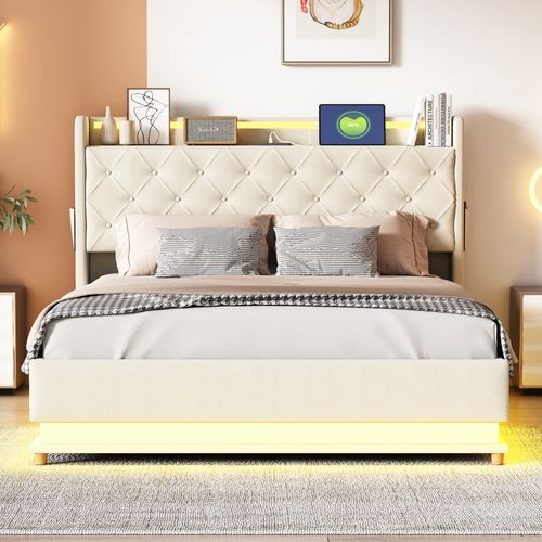 Lit Coffre 140x200 Cm - Lit Avec LED Et Port USB, Rembourré Avec Coffre Hydraulique En Lin Beige