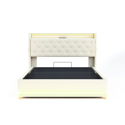 Lit Coffre 140x200 Cm - Lit Avec LED Et Port USB, Rembourré Avec Coffre Hydraulique En Lin Beige