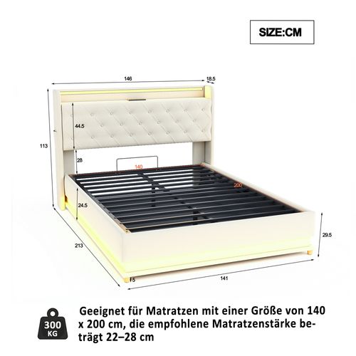 Lit Coffre 140x200 Cm - Lit Avec LED Et Port USB, Rembourré Avec Coffre Hydraulique En Lin Beige