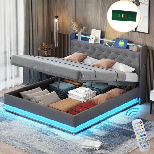 Lit Coffre 160x200 Cm Avec LED, Port USB Et Coffre Hydraulique, Lit Rembourré Confortable -lin -gris