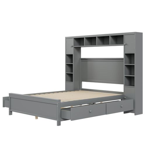 Lit Avec Rangement 140x200 Cm - Lit Double Avec Placard Latéral Et 4 Tiroirs à Roulettes - Gris