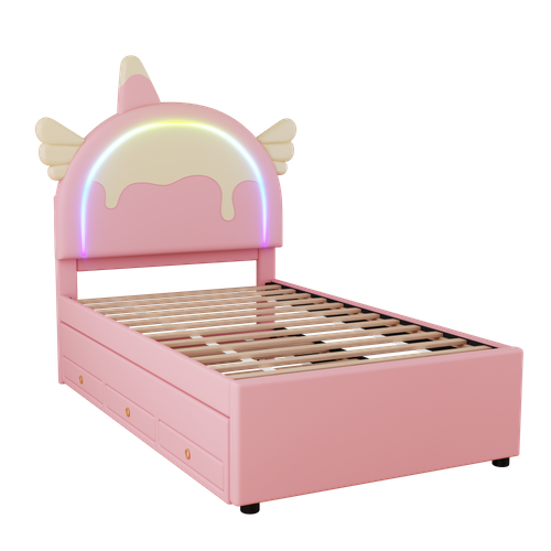 Lit Gigogne 90x200 Cm - Lit Enfant Licorne Avec Lit Gigogne - Pu + Mdf - Sans Matelas - Rose