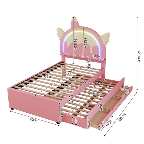 Lit Gigogne 90x200 Cm - Lit Enfant Licorne Avec Lit Gigogne - Pu + Mdf - Sans Matelas - Rose