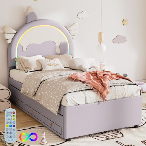 Lit Gigogne 90x200 Cm - Lit Enfant Licorne Avec Lit Gigogne - Pu + Mdf - Sans Matelas - Violet