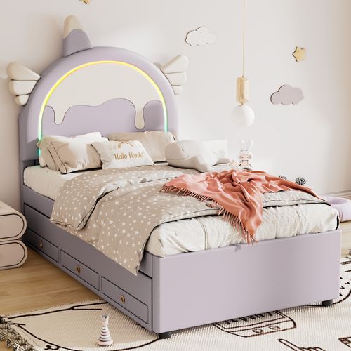 Lit Gigogne 90x200 Cm - Lit Enfant Licorne Avec Lit Gigogne - Pu + Mdf - Sans Matelas - Violet