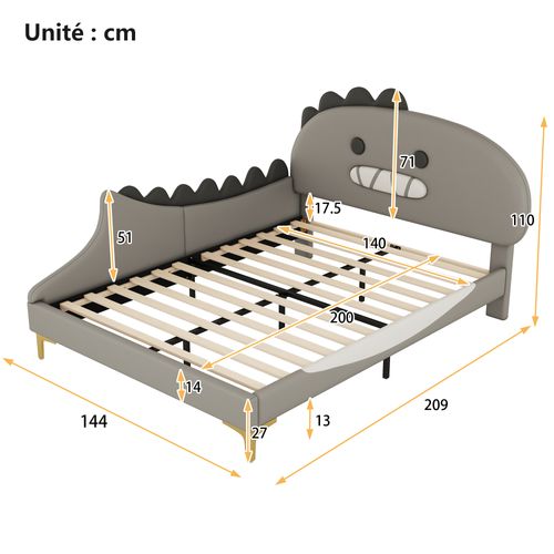 Lit Enfant 140x200 - Lit Ludique Dinosaure Pour Garçon Ou Fille - Tête De Lit Décorative -mdf - Gris
