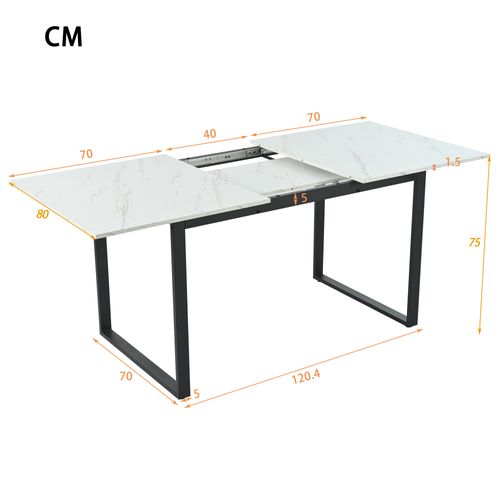 Table à Manger Extensible - Plateau Effet Marbre - Mdf - Pieds Métal - Blanc Et Noir