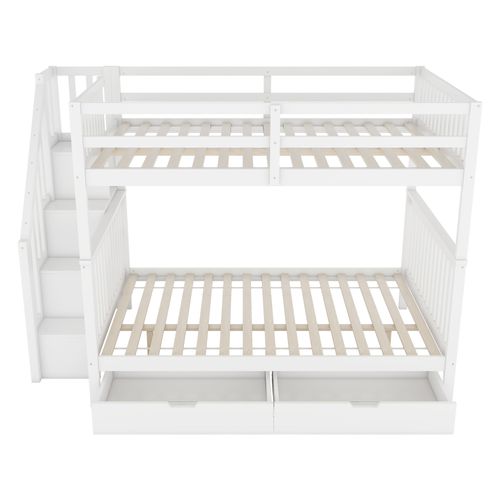 Lit Superposé 140x200 Cm - Rangement Escalier - 2 Tiroirs - Structure Fiable - Blanc