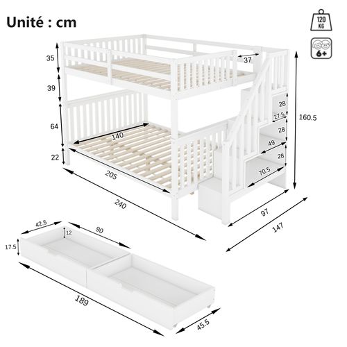 Lit Superposé 140x200 Cm - Rangement Escalier - 2 Tiroirs - Structure Fiable - Blanc