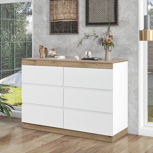 Commode - Meuble De Rangement 6 Tiroirs Spacieux - Bois E1 - Chêne - Blanc