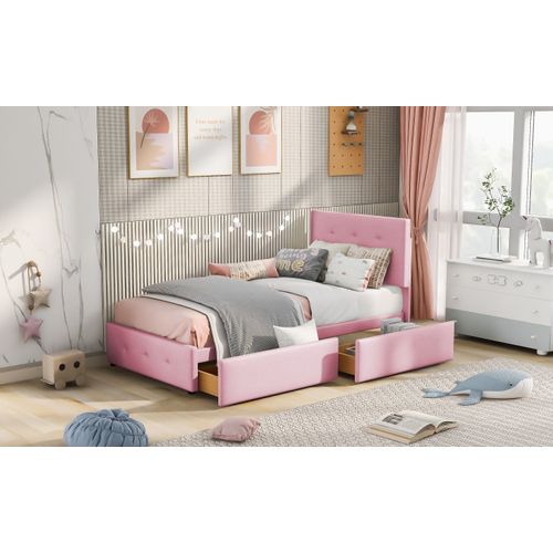Lit Enfant 90x200 Cm - 2 Tiroirs + Sommier à Lattes - Rangement Confortable - Velours - Rose