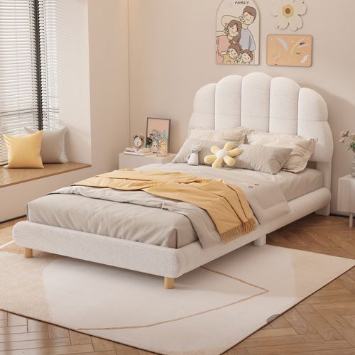 Lit Simple 90x200 Cm - Chambre Enfant - Tête De Lit Fleur - Peluche Douce - Blanc
