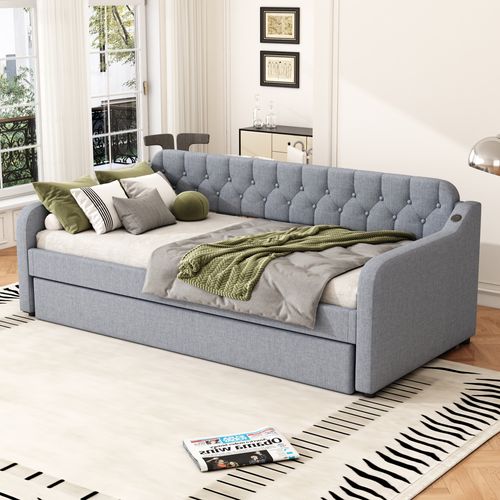 Lit Gigogne 90x200 Cm - Lit Simple Avec Lit D’appoint Coulissant Et USB Intégré - Lin - Mdf - Gris