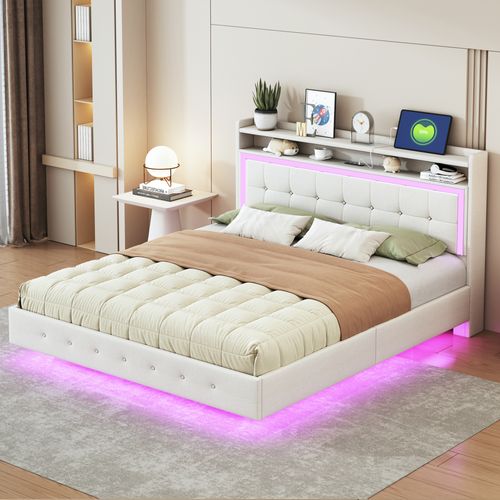 Lit Double 160x200 Cm - Lit Ado Rembourré - LED Et USB - Pieds Cachés - Lin - Beige