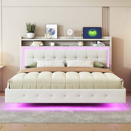 Lit Double 160x200 Cm - Lit Ado Rembourré - LED Et USB - Pieds Cachés - Lin - Beige