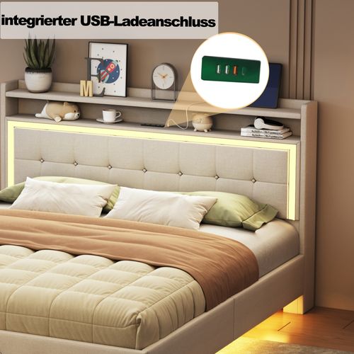 Lit Double 160x200 Cm - Lit Ado Rembourré - LED Et USB - Pieds Cachés - Lin - Beige