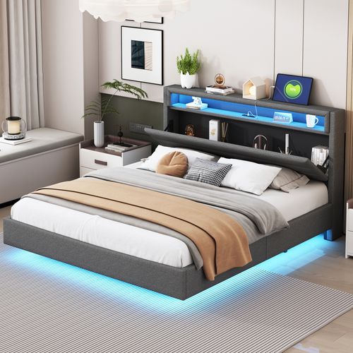 Lit Double 160x200 Cm - Lit Pour Ado Rembourré Avec LED Et USB, Tête De Lit Réversible Lin Gris