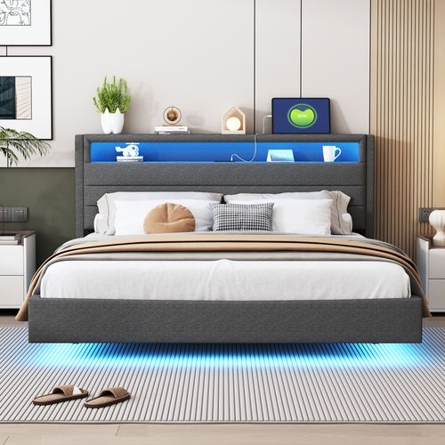 Lit Double 160x200 Cm - Lit Pour Ado Rembourré Avec LED Et USB, Tête De Lit Réversible Lin Gris