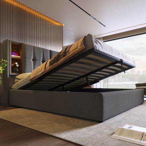 Lit Coffre 160x200 Cm - Coffre Double Avec Rangement - Sommier - Charge - USB-c - Tissu Coton - Gris