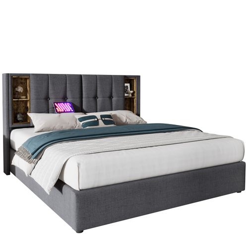 Lit Coffre 160x200 Cm - Coffre Double Avec Rangement - Sommier - Charge - USB-c - Tissu Coton - Gris