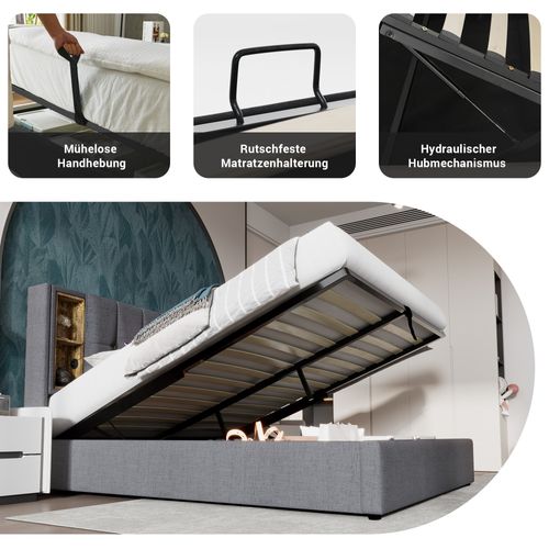 Lit Coffre 160x200 Cm - Coffre Double Avec Rangement - Sommier - Charge - USB-c - Tissu Coton - Gris