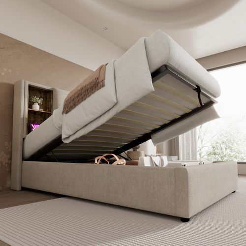 Lit Coffre Simple 90x200 Cm - Chargeur - LED - Lit Rembourré - Rangement - Lin - Aturelle