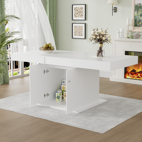 Table à Manger Extensible Automatique, Système Télescopique, Mdf Et Métal, Blanc, 140/180 X 80 Cm