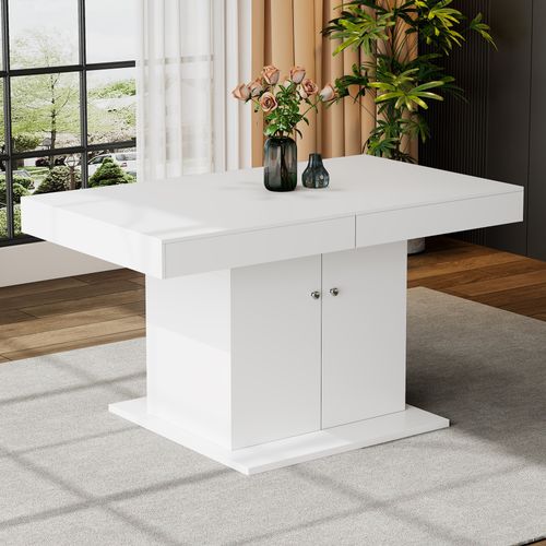 Table à Manger Extensible Automatique, Système Télescopique, Mdf Et Métal, Blanc, 140/180 X 80 Cm