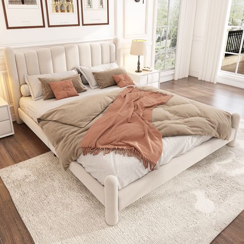 Lit 160x200 Cm - Polsterbett Avec Tête De Lit Design - Pieds Cylindriques - Velours - Beige