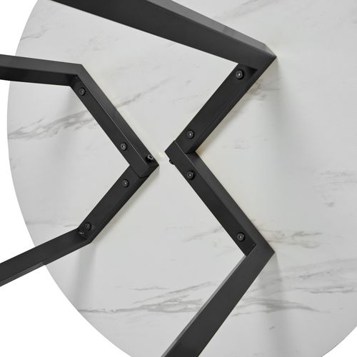Table à Manger Ronde - Design Moderne - Plateau Effet Marbre - Piètement Métal Noir - Mdf Blanc Noir