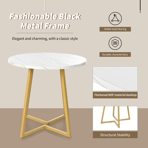 Table à Manger Ronde - Design Moderne - Plateau Effet Marbre - Piètement Métal Doré - Mdf Blanc Doré